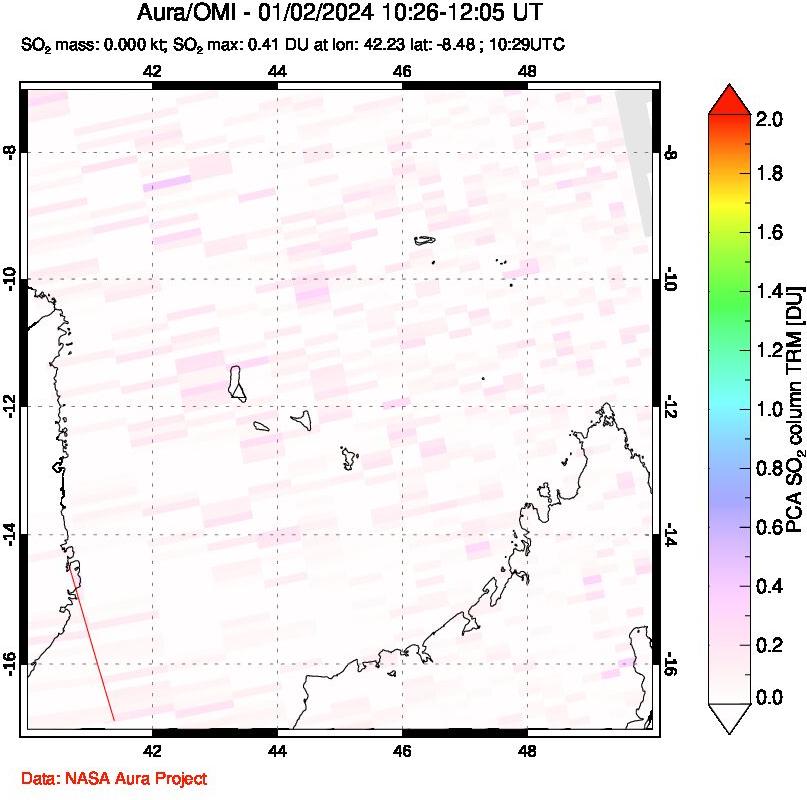 A sulfur dioxide image over Comoro Islands on Jan 02, 2024.