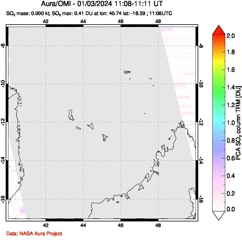 A sulfur dioxide image over Comoro Islands on Jan 03, 2024.