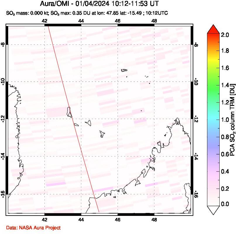 A sulfur dioxide image over Comoro Islands on Jan 04, 2024.