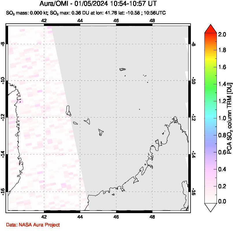 A sulfur dioxide image over Comoro Islands on Jan 05, 2024.