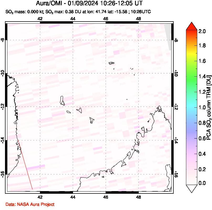 A sulfur dioxide image over Comoro Islands on Jan 09, 2024.