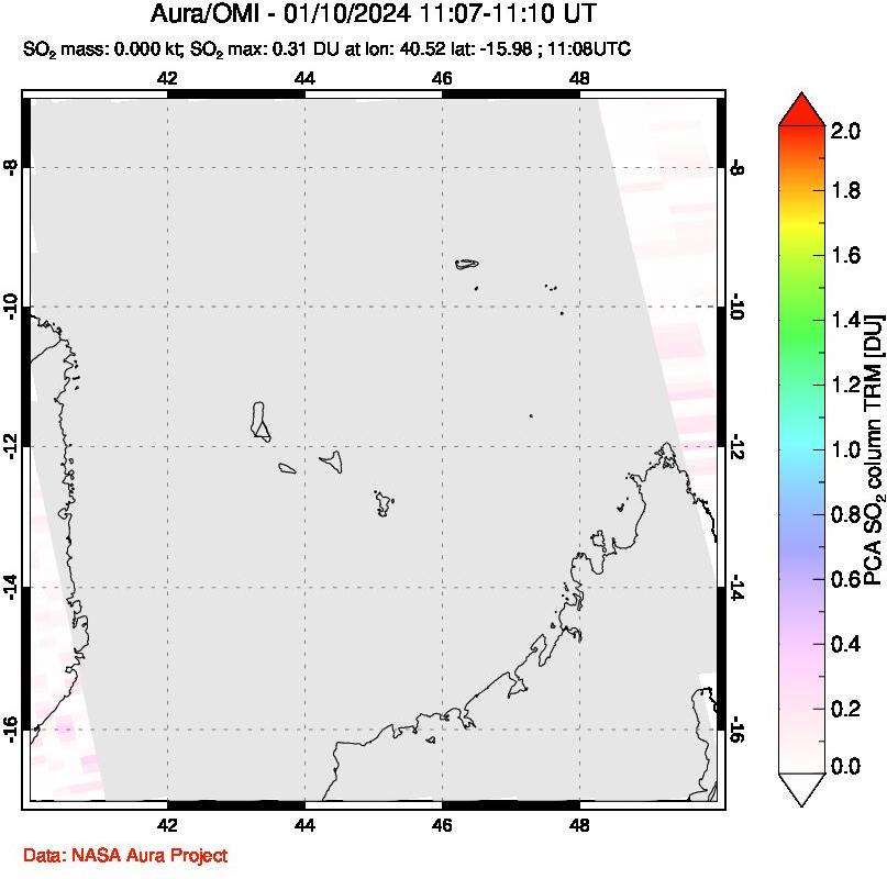 A sulfur dioxide image over Comoro Islands on Jan 10, 2024.