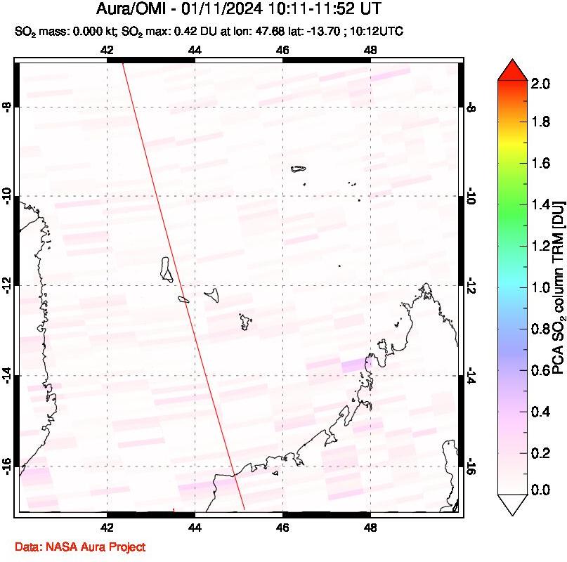 A sulfur dioxide image over Comoro Islands on Jan 11, 2024.