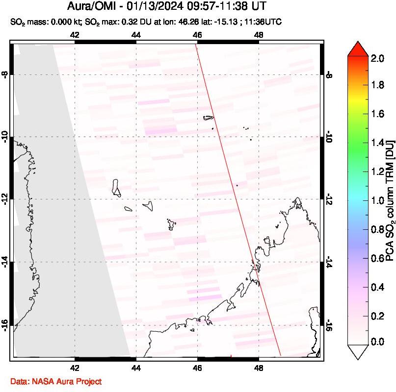 A sulfur dioxide image over Comoro Islands on Jan 13, 2024.