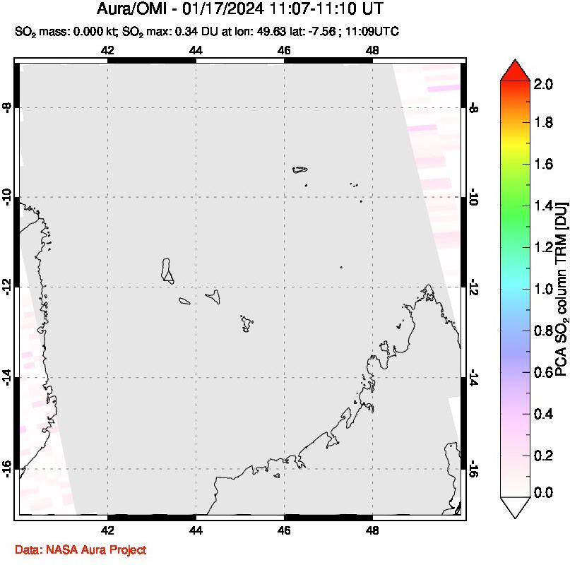 A sulfur dioxide image over Comoro Islands on Jan 17, 2024.