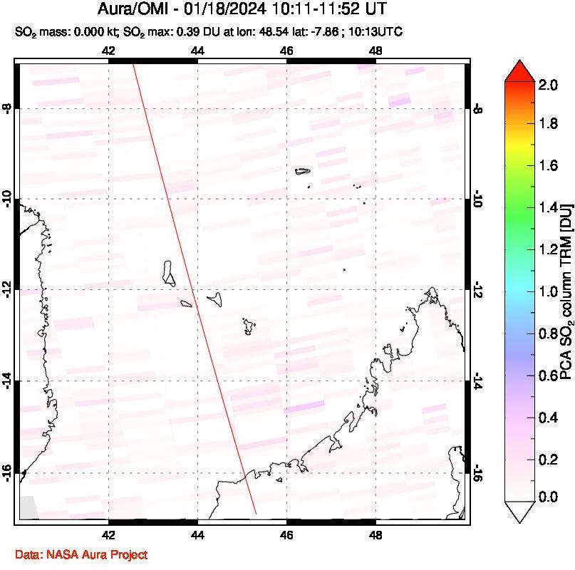 A sulfur dioxide image over Comoro Islands on Jan 18, 2024.