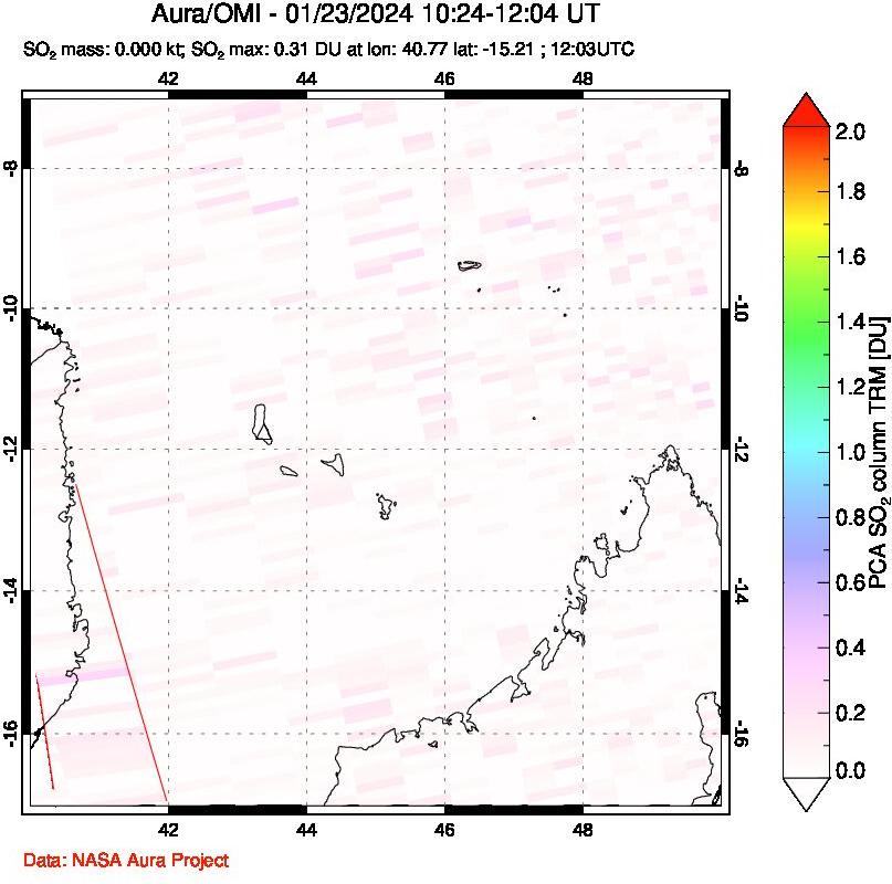 A sulfur dioxide image over Comoro Islands on Jan 23, 2024.