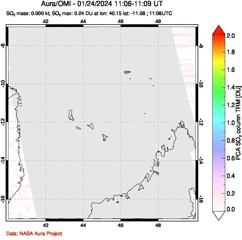 A sulfur dioxide image over Comoro Islands on Jan 24, 2024.