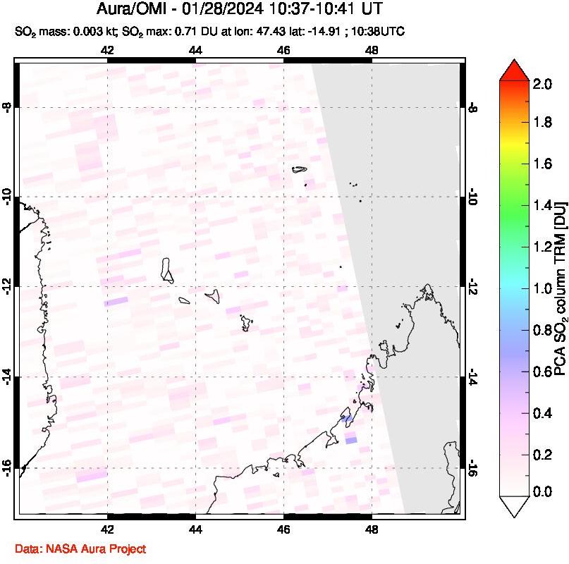 A sulfur dioxide image over Comoro Islands on Jan 28, 2024.