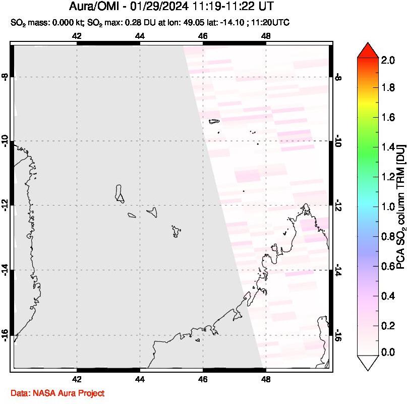 A sulfur dioxide image over Comoro Islands on Jan 29, 2024.