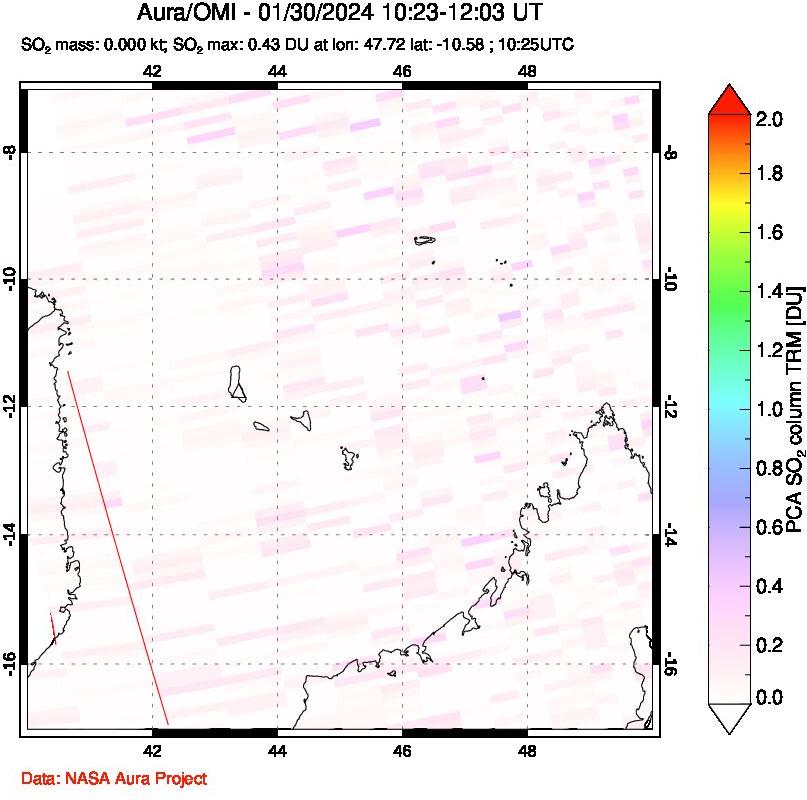 A sulfur dioxide image over Comoro Islands on Jan 30, 2024.