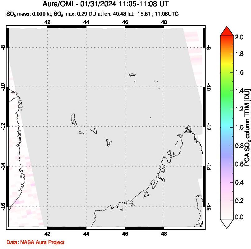 A sulfur dioxide image over Comoro Islands on Jan 31, 2024.