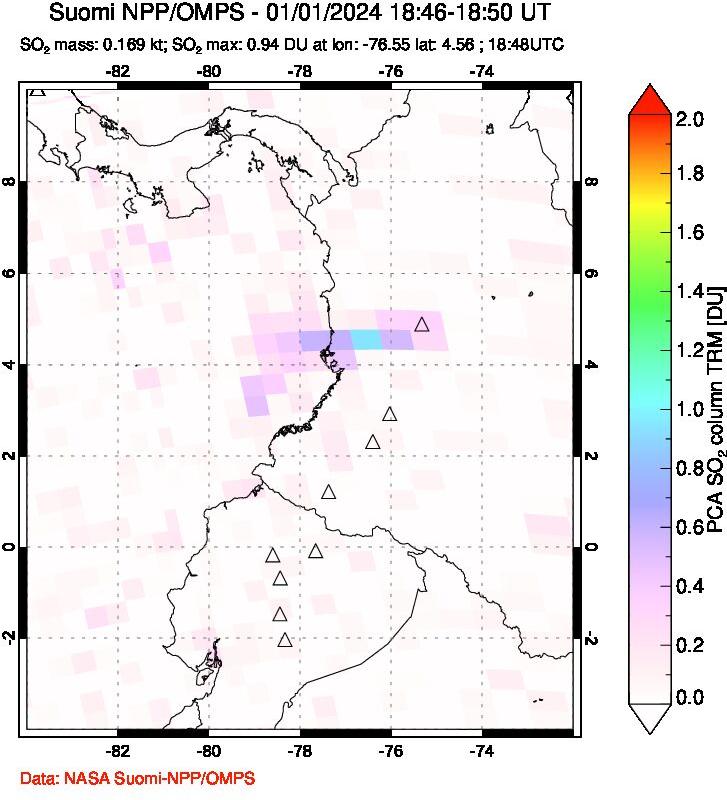 A sulfur dioxide image over Ecuador on Jan 01, 2024.