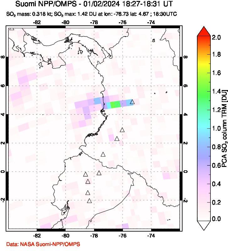 A sulfur dioxide image over Ecuador on Jan 02, 2024.