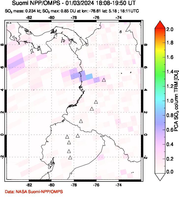 A sulfur dioxide image over Ecuador on Jan 03, 2024.