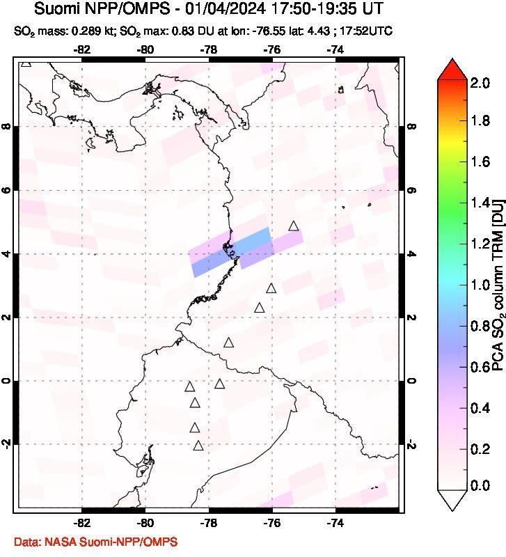 A sulfur dioxide image over Ecuador on Jan 04, 2024.