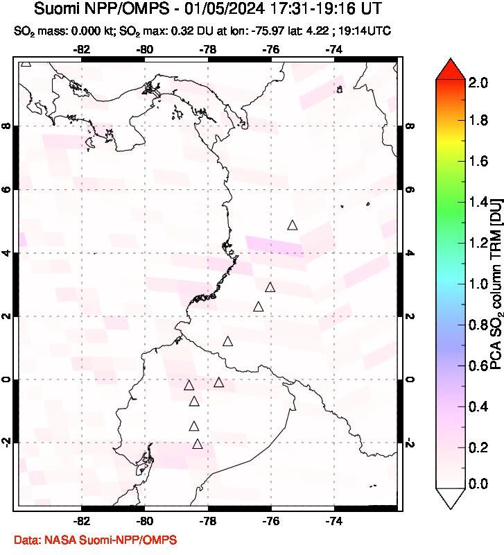 A sulfur dioxide image over Ecuador on Jan 05, 2024.