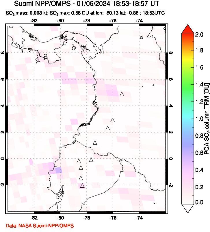 A sulfur dioxide image over Ecuador on Jan 06, 2024.