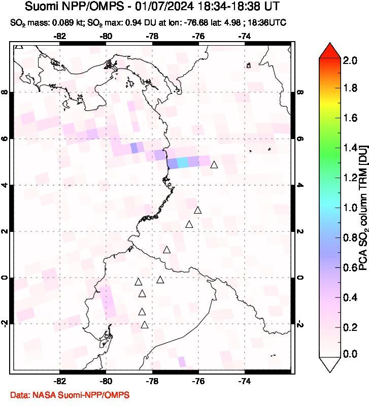 A sulfur dioxide image over Ecuador on Jan 07, 2024.