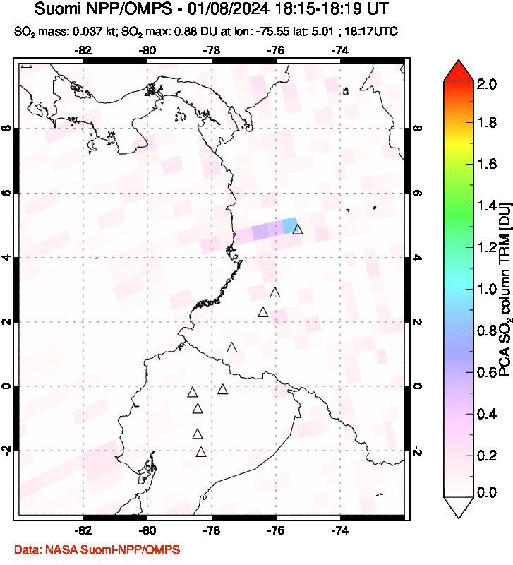 A sulfur dioxide image over Ecuador on Jan 08, 2024.