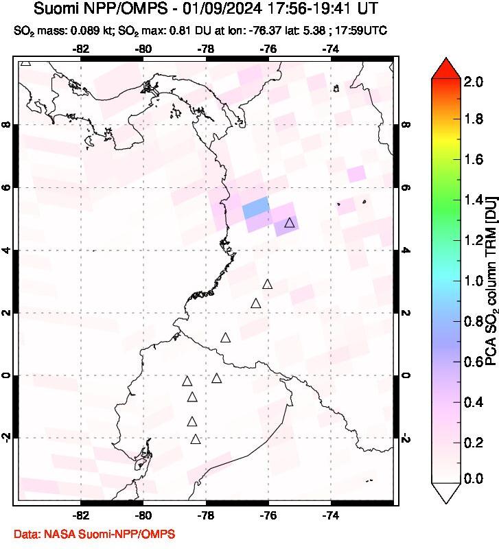 A sulfur dioxide image over Ecuador on Jan 09, 2024.