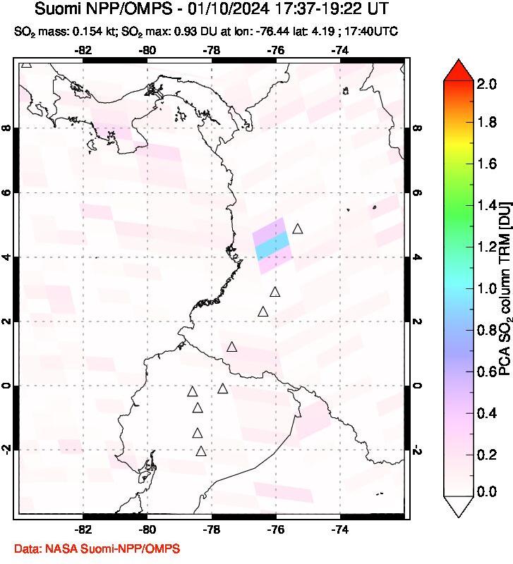 A sulfur dioxide image over Ecuador on Jan 10, 2024.