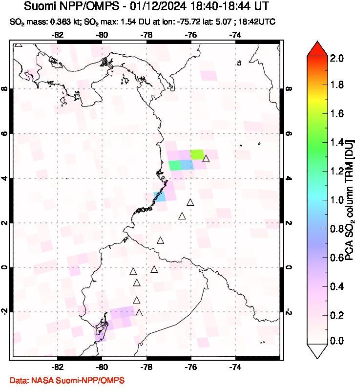 A sulfur dioxide image over Ecuador on Jan 12, 2024.