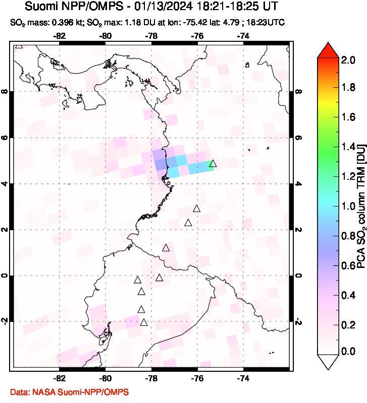 A sulfur dioxide image over Ecuador on Jan 13, 2024.