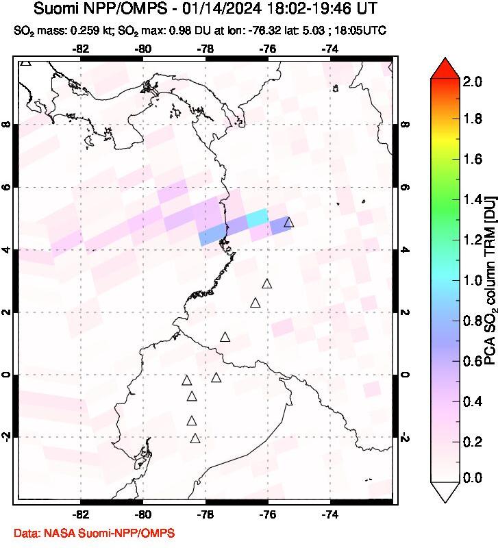 A sulfur dioxide image over Ecuador on Jan 14, 2024.