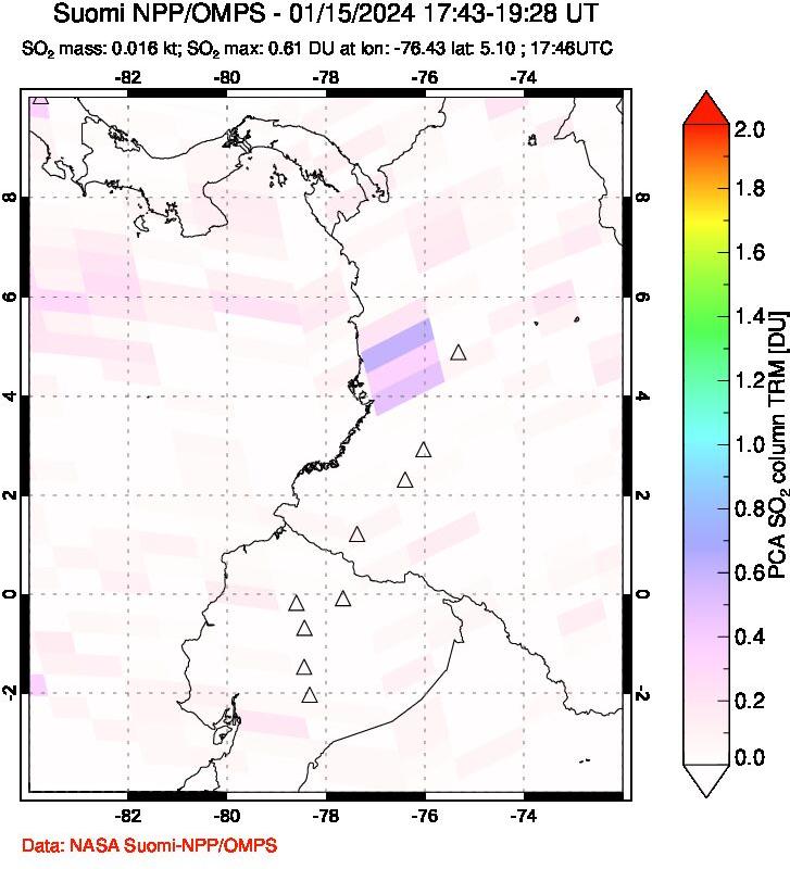 A sulfur dioxide image over Ecuador on Jan 15, 2024.