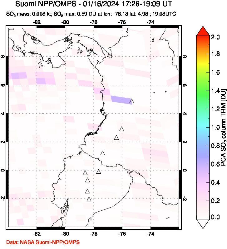 A sulfur dioxide image over Ecuador on Jan 16, 2024.