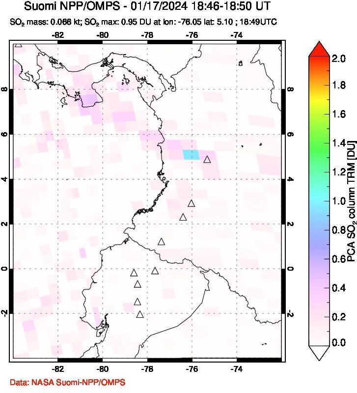 A sulfur dioxide image over Ecuador on Jan 17, 2024.