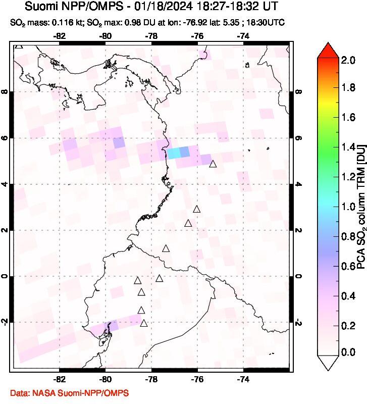 A sulfur dioxide image over Ecuador on Jan 18, 2024.