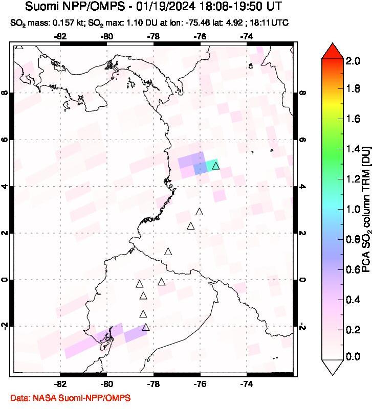 A sulfur dioxide image over Ecuador on Jan 19, 2024.