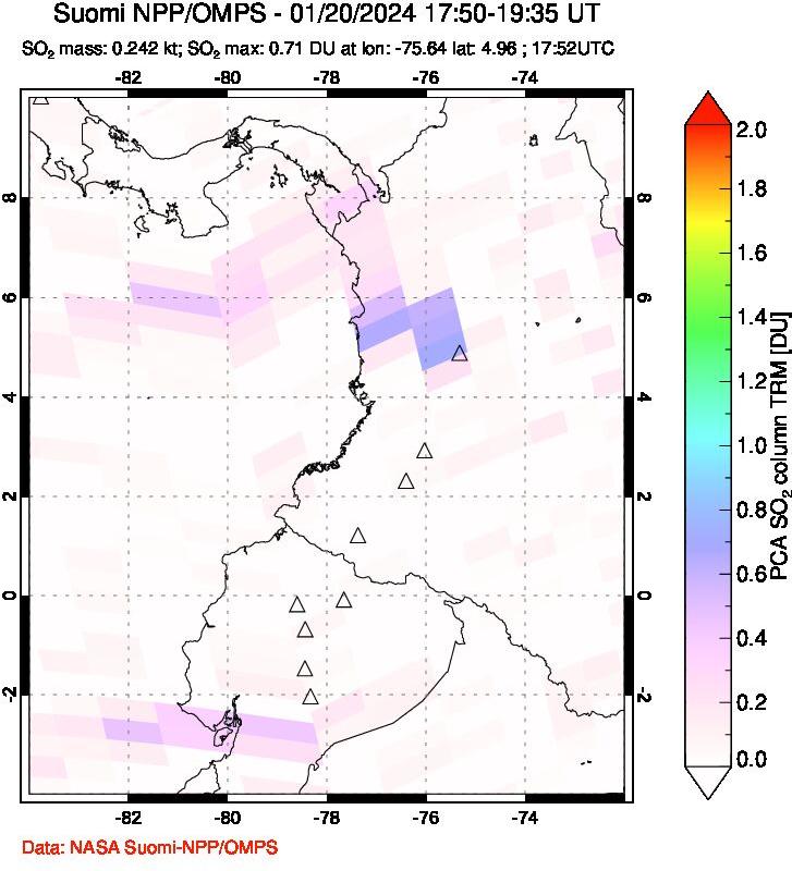 A sulfur dioxide image over Ecuador on Jan 20, 2024.