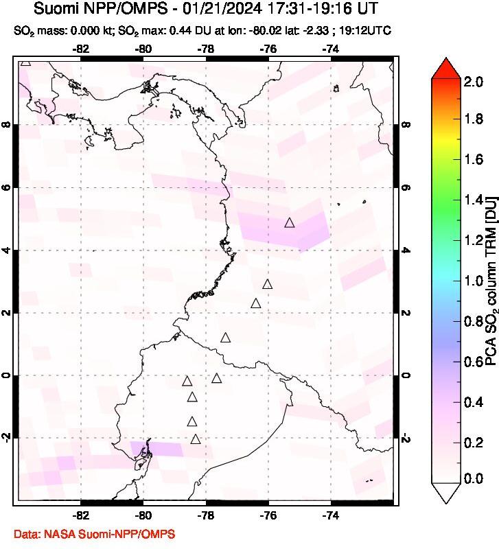 A sulfur dioxide image over Ecuador on Jan 21, 2024.