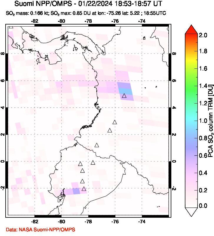 A sulfur dioxide image over Ecuador on Jan 22, 2024.