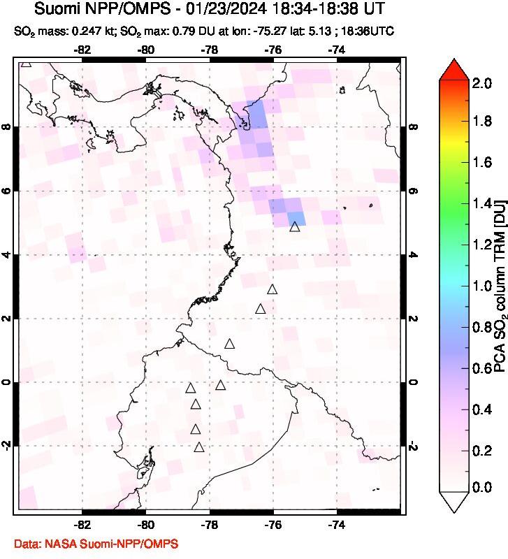 A sulfur dioxide image over Ecuador on Jan 23, 2024.