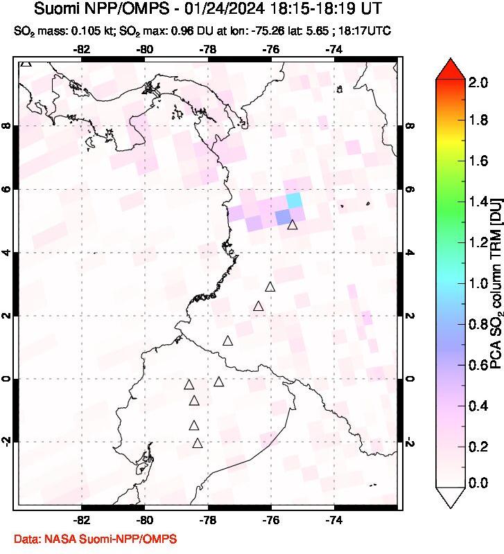 A sulfur dioxide image over Ecuador on Jan 24, 2024.