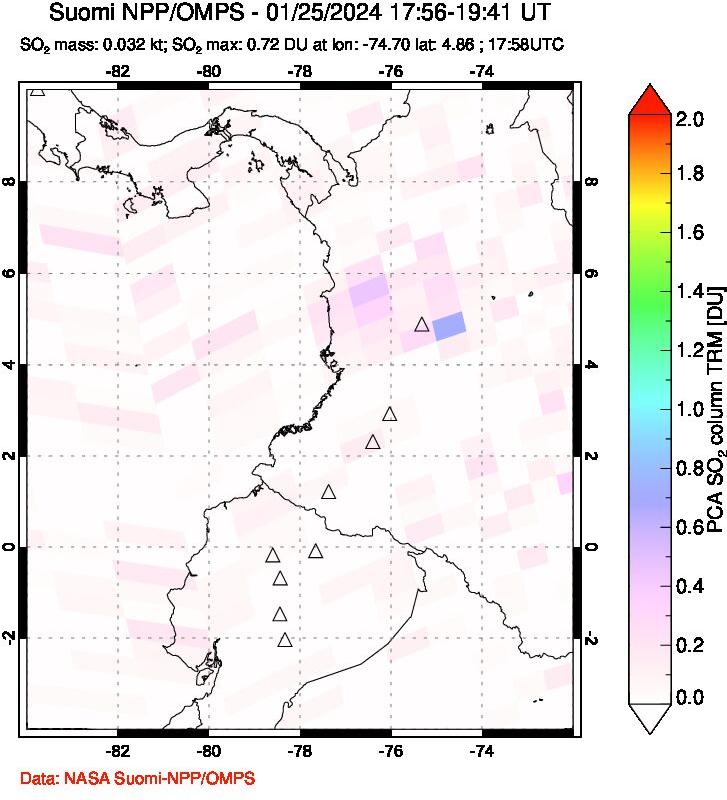 A sulfur dioxide image over Ecuador on Jan 25, 2024.