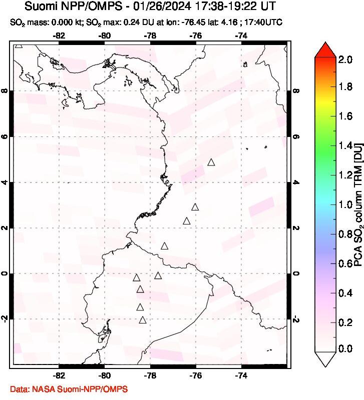 A sulfur dioxide image over Ecuador on Jan 26, 2024.