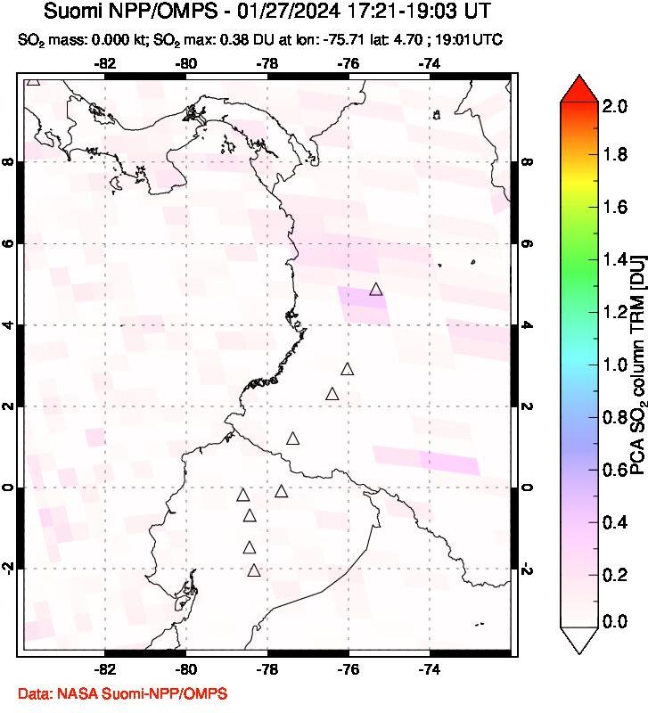 A sulfur dioxide image over Ecuador on Jan 27, 2024.