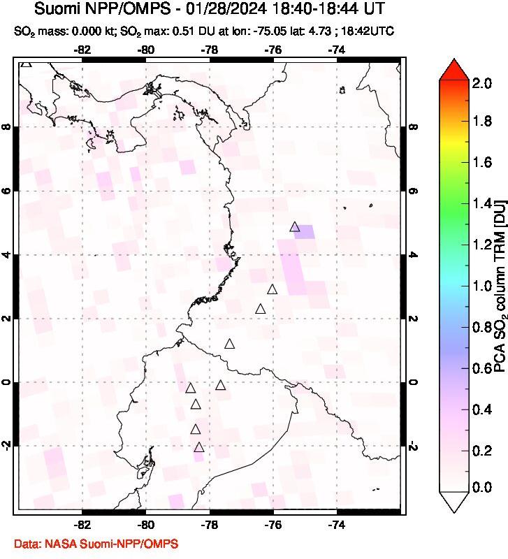 A sulfur dioxide image over Ecuador on Jan 28, 2024.