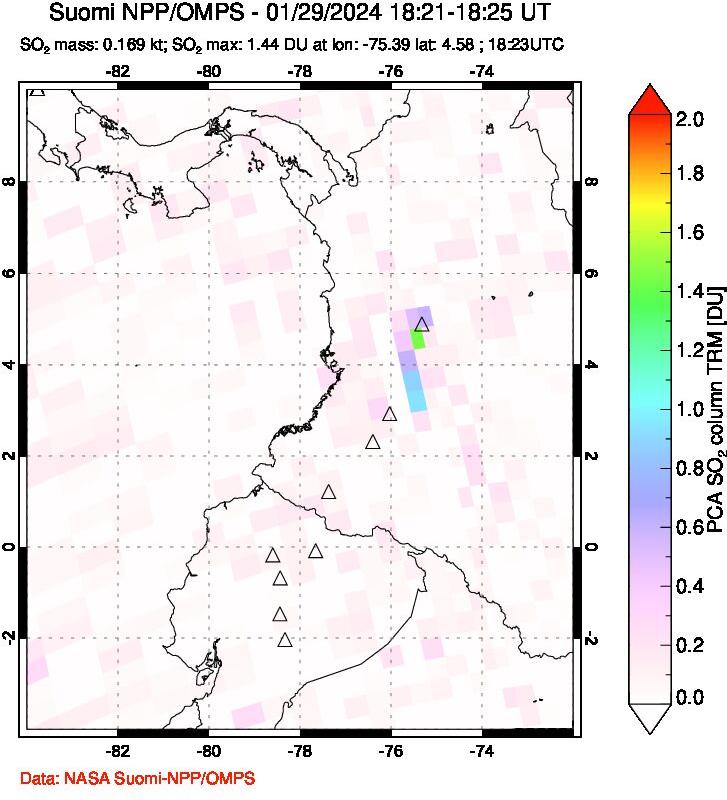 A sulfur dioxide image over Ecuador on Jan 29, 2024.