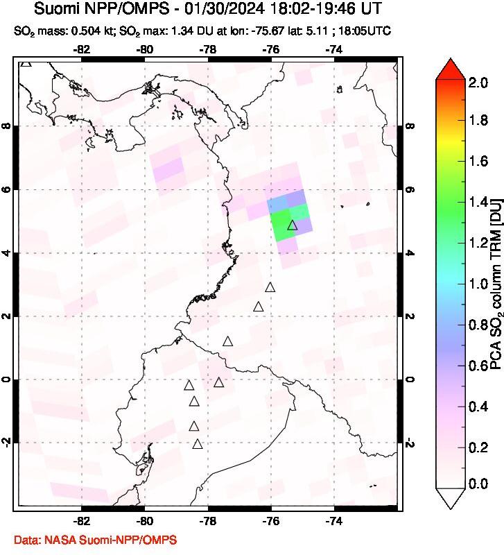 A sulfur dioxide image over Ecuador on Jan 30, 2024.