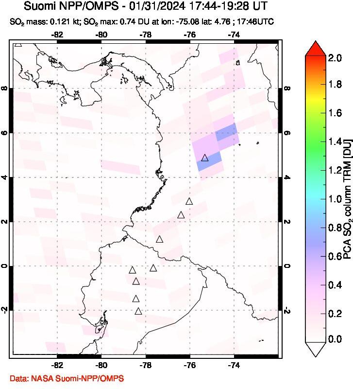 A sulfur dioxide image over Ecuador on Jan 31, 2024.