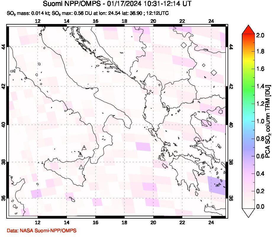 A sulfur dioxide image over Etna, Sicily, Italy on Jan 17, 2024.