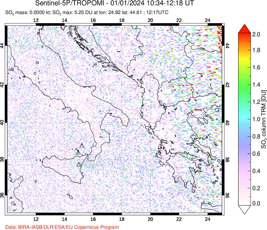 A sulfur dioxide image over Etna, Sicily, Italy on Jan 01, 2024.