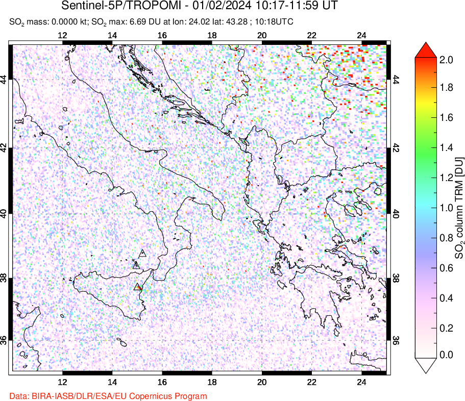 A sulfur dioxide image over Etna, Sicily, Italy on Jan 02, 2024.