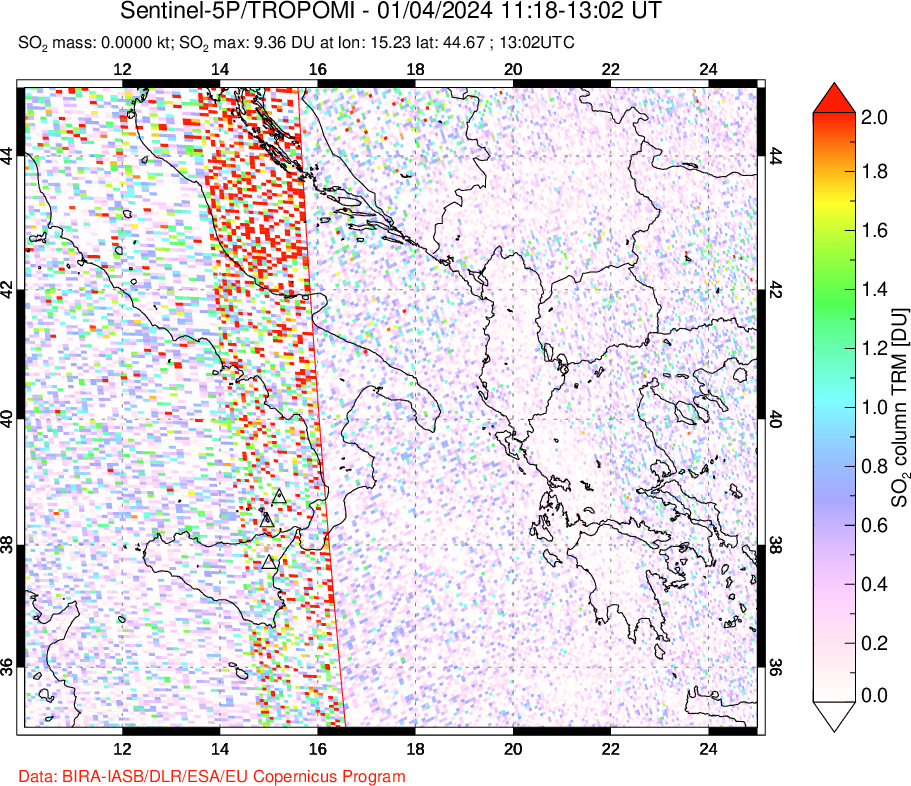 A sulfur dioxide image over Etna, Sicily, Italy on Jan 04, 2024.